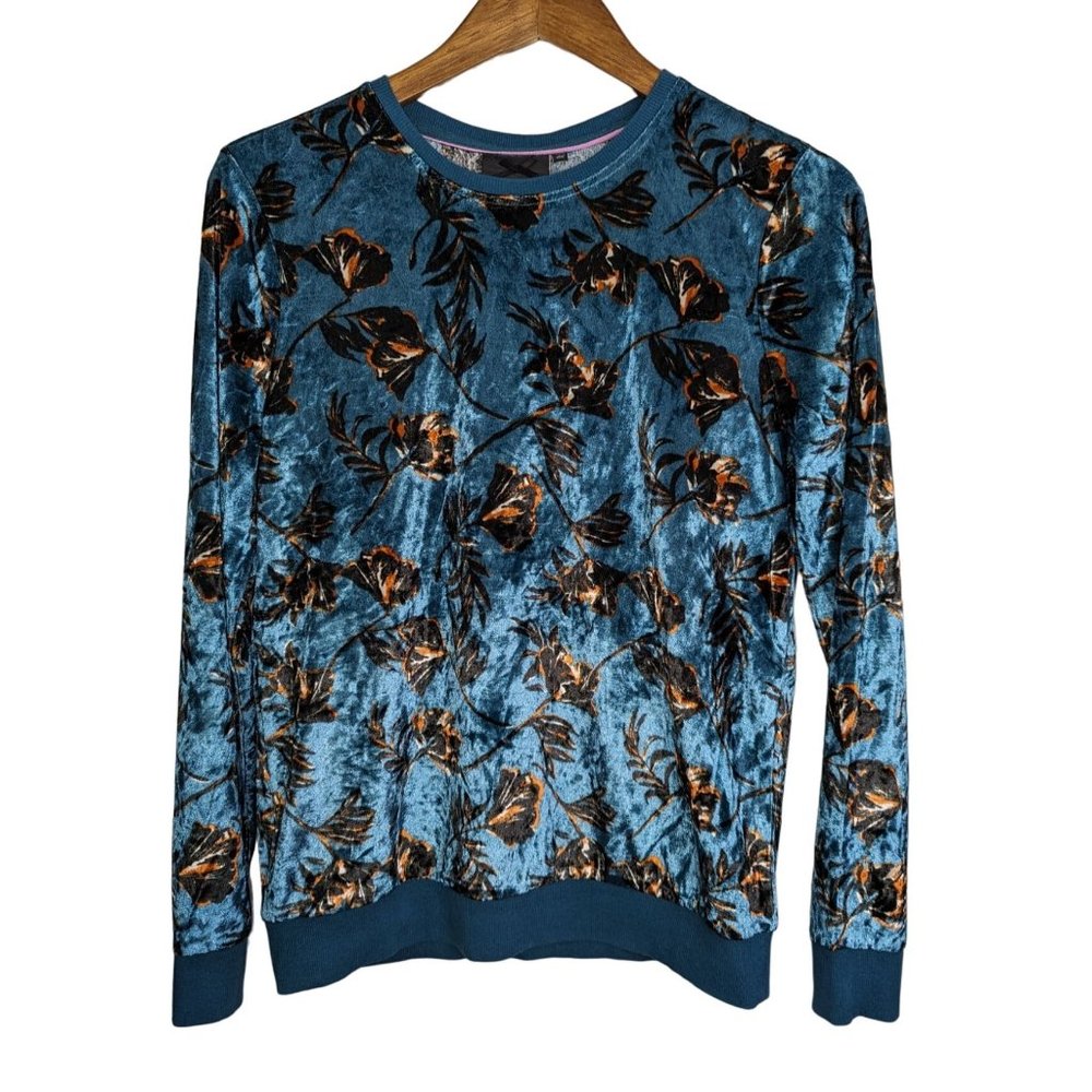 Nanette Lepore Teal Floral Print Velvet Pullover Sweater Womens Size S
